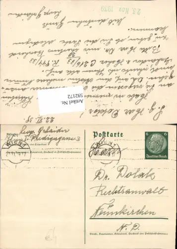 592172,Postkarte Stempel 1939 Wien 1 n. Neunkirchen
