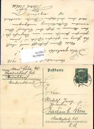 592179,Postkarte Stempel Eggenburg n. Baden bei Wien 1938