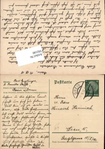 592180,Postkarte Stempel Grein nach Wien Rudolfsheim Fünfhaus 1938