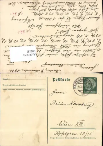 592181,Postkarte Stempel Baden bei Wien n. Wien Hietzing 13 1938
