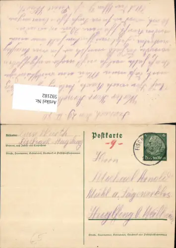 592182,Postkarte Stempel Fischach Augsburg n. Huglfing Weilheim Schongau