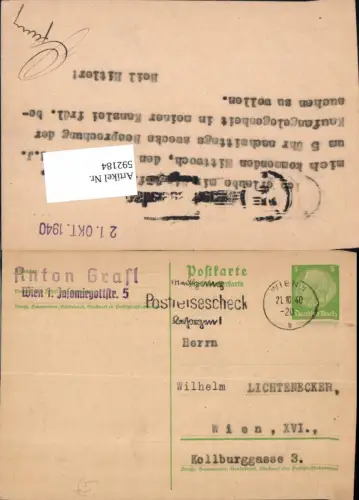 592184,Postkarte Stempel Wien 1 Anton Grasl n. Wien Ottakring