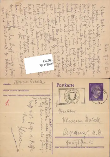 592213,Postkarte Stempel Wien 101 n. Aspang am Wechsel 1941