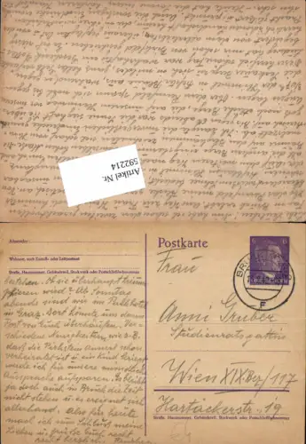 592214,Postkarte Stempel Bruck an der Mur 2 n. Wien Döbling 1942