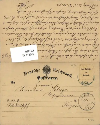 629350,Postkarte 1872 Koblenz Coblenz nach Torgau Deutsche Reichspost