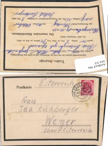 94132,Postkarte Todes Anzeige ravensburg - Weyer a.d. Enns 1951