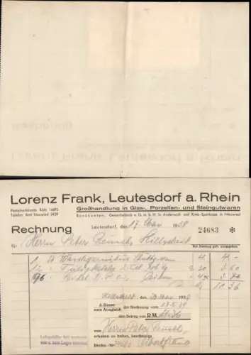 105501,Rechnung Großhandlung Frank Leutersdorf am Rhein 1939