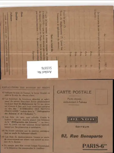 513376,Französische Postkarte Explications des Renvois du Recto Dunod