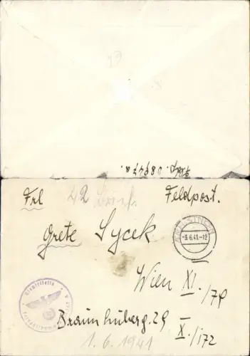 536790,Brief Feldpost 1941 WW2 Tarnstempel n. Wien 11 Dienststelle 08947 A