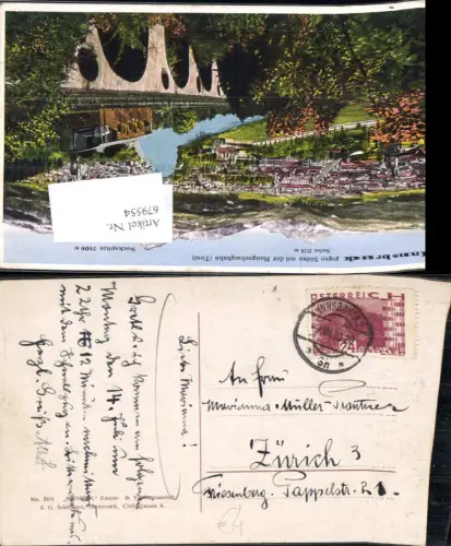 679554 Stempel Innsbruck n. Zürich 3 1930 Hungerburgbahn Hungerburg