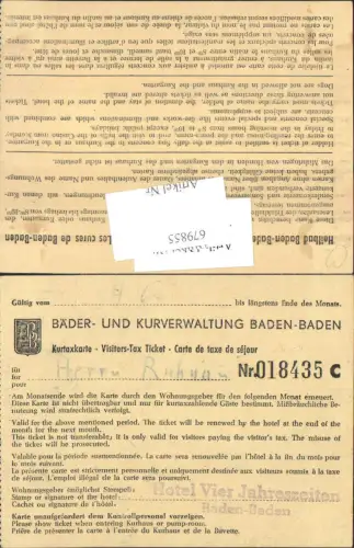 679855 Kurtaxkarte Baden-Baden Hotel Vierjahreszeiten