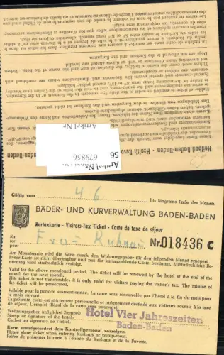 679856 Kurtaxkarte Baden-Baden Hotel Vierjahreszeiten
