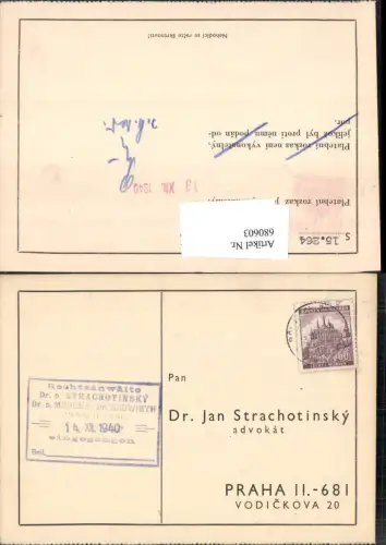 680603 Brief Rechtsanwalt Jan Strachotinsky Prag Praha Stp. 1940