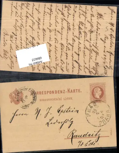 Correspondenz-Karte Ganzsache Prag Praha n. Raudnitz a.d. Elbe 1881 Roudnice nad Labem