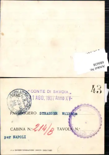 Stempel Conte di Savoia Bordstempel Passagierkarte Ticket Lloyd Sabaudo Italian Line