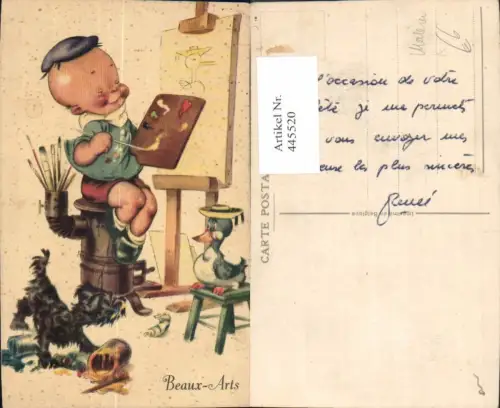 445520,Künstler Ak Beaux-Arts Bub Hund Ente Maler Künstler Malerei Staffelei Pinsel Ofen