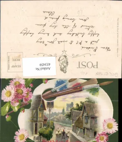 453459,Präge Litho Schafhirte auf Farbpalette Pinsel Blumen Maler Künstler