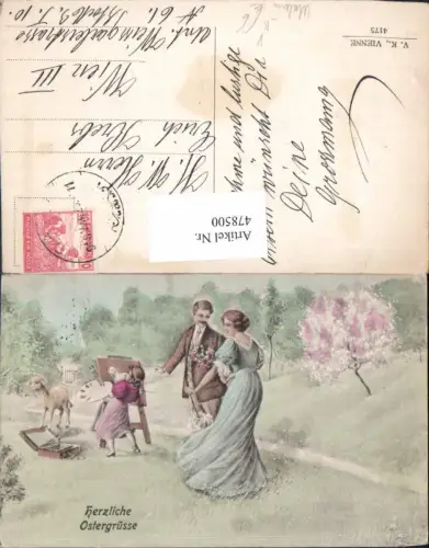 478500,Künstler Ak Mädchen als Malerin Schaf Künstlerin Paar Ostern pub V.K. Vienne 4175
