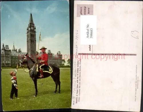 398683,Ontario Ottawa Mountie at Peace Tower with boy in cowboy costume Polizist