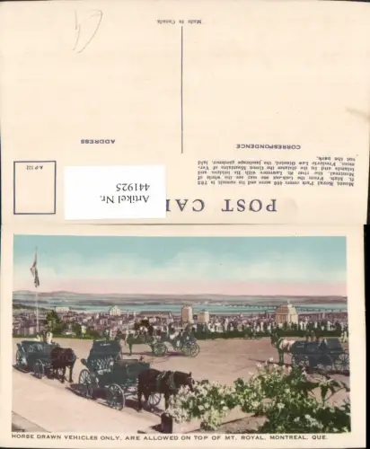 441925,Quebec Montreal Mount Royal Horse Drawn Vehicles Pferdekutschen