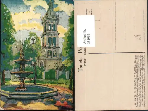 351966,Künstler AK Kenneth Manning Mexiko Monterrey Nuevo Leon Zaragoza Square Cathedral Brunnen