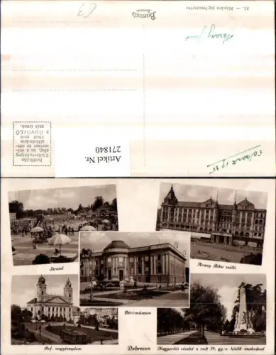 271840,Ungarn Debrecen Deri-muzeum Nagyerdöi reszlet Arany Bika szallo Strand Kirche Mehrbildkarte