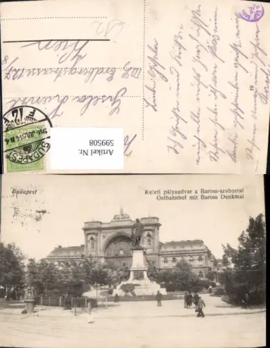 599508,Budapest Keleti plyaudvar a Baross-szoborral Ostbahnhof Baross-Denkmal Hungary