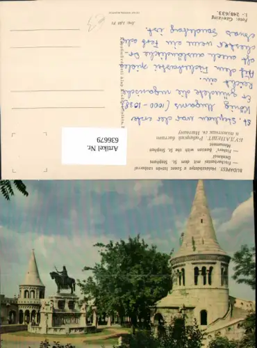 636679,Budapest Halaszbastya a Szent Istvan szoborral Fischerbastei St Stephans Denkmal Hungary