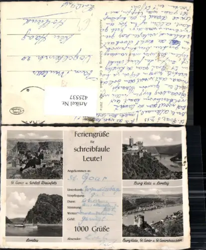 425537,Schreibfaulheit Feriengrüße für Schreibfaule Leute St Goar Lorelei Burg Kratz Schiff Dampfer