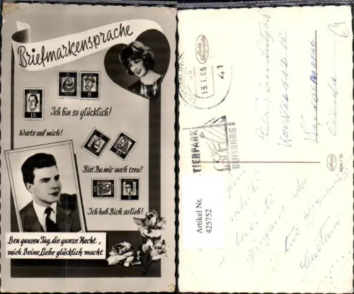425752,Briefmarkensprache Briefmarken Frau Mann Liebe Philatelie