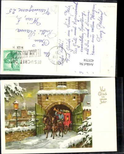 425754,Künstler Ak Postbeförderung Kutsche Postkutsche Posthorn Horn Winternacht