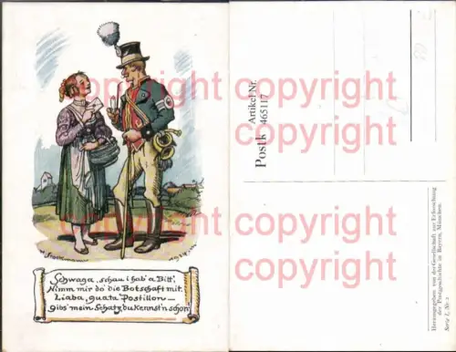 465117,Künstler Litho M. Stockmann Briefträger Postbote Pfeife Rauchen Postillon Post