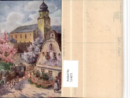 514071,Künstler AK F. Niebler Postillon Postkutsche Kutsche Kirche