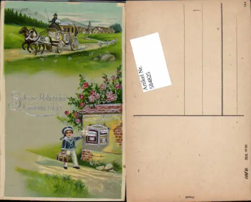 584825,Lithographie Junge Kind Postkutsche Kutsche Briefkasten Postwesen Brief