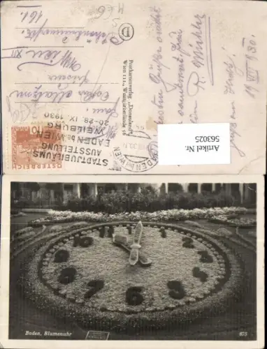 563025,Baden b. Wien Blumenuhr Stempel Stadtjubiläumsausstellung Weilburg 1930