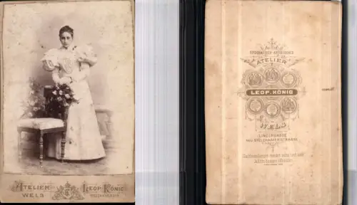 530279,CDV Kabinettfoto Atelier Leopold König Wels Frau Mode Kleid Blumen