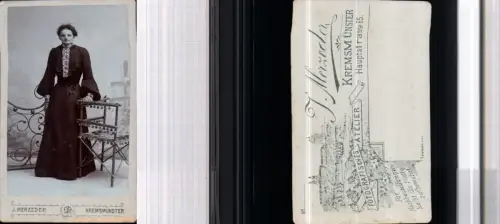 530304,CDV Kabinettfoto Atelier J. Merzeder Kremsmünster Frau Kleid