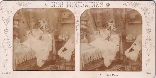 Stereo-Fotografie Nos Mondaines Erotik Risque B. K. Paris La Puce Frau Bett