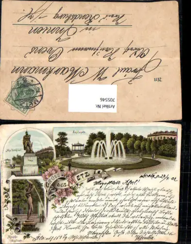 705546 Lithographie Gruss aus Metz Lothringen Ney Denkmal Esplanade pub Louis Glaser