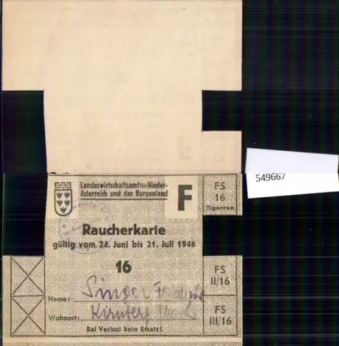 549667,Raucherkarte 1946 Kirnberg an der Mank rauchen