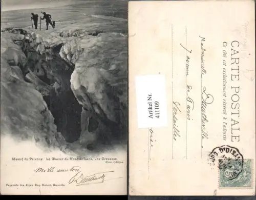 411109,Gletscher Massif du Pelvoux Le Glacier du Mont-de-Lans une Crevasse Bergsteiger Hund Gletscherspalte