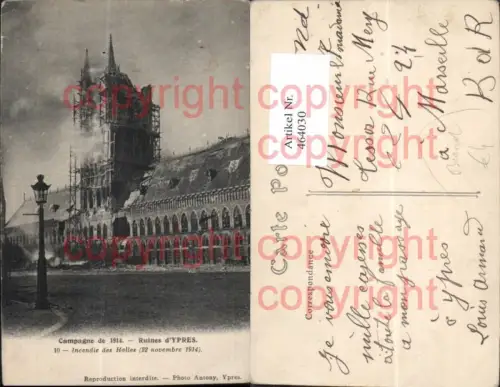 464030,Brand Campagne 1914 Ruines d Ypres Incendie des Halles