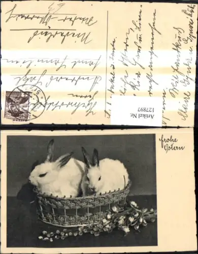 127897,Foto Ak Süsse Hasen i. Korb Palmkätzchenzweig Frohe Ostern