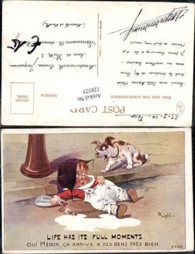 128525,Tolle Künstlerkarte Kind Junge leer Flasche aus Hund sign. Right