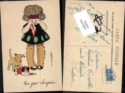128556,Tolle Künstler AK Mädchen weint Hund spielt mit Puppe sign. Sornein Sornei