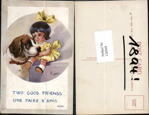 128569,Tolle Künstler AK Mädchen m. Hund Bernhardiner Haarschlaufe sign Right