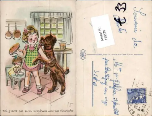 128578,Süsse AK Mädchen isst Hund springt sie an möchte mitessen Puppe Kind