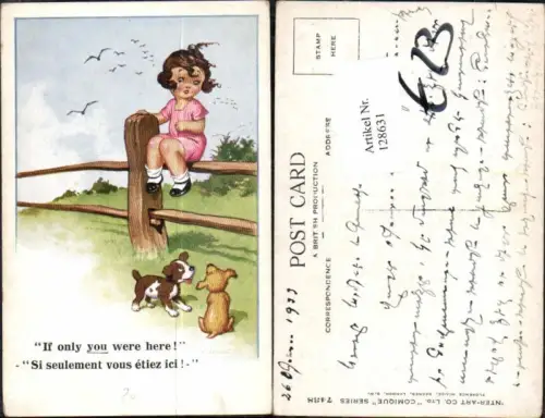 128631,Donald McGill MC Gill Süsses Mädchen m. Hunden Hund auf Zaun