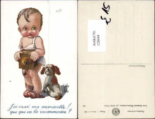 128644,Tolle Künstler AK Junge m. Hund Drehorgel sign Little Pitche