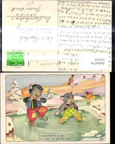 163150,Künstler Ak Katzen vermenschlicht b. Eislaufen Schlittschuhlaufen